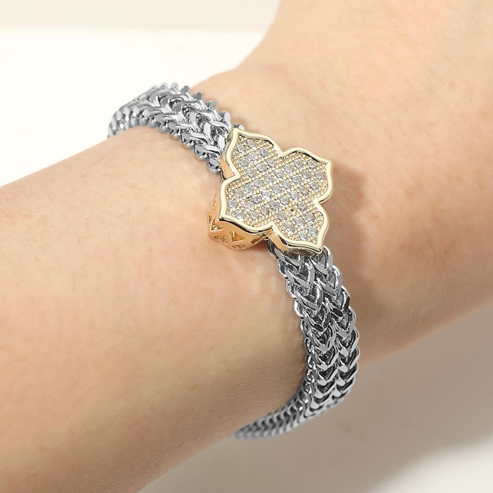 14K Gold Plated Two Tone CZ Pave Clover Centerpiece Mesh Chain Magnetic Bracelet